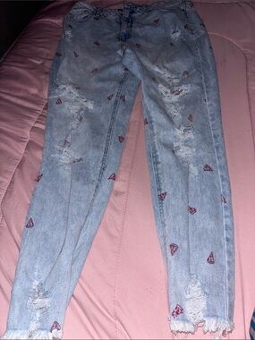 Tinseltown Light Blue Distressed Jeans with Red Pizza Motif
